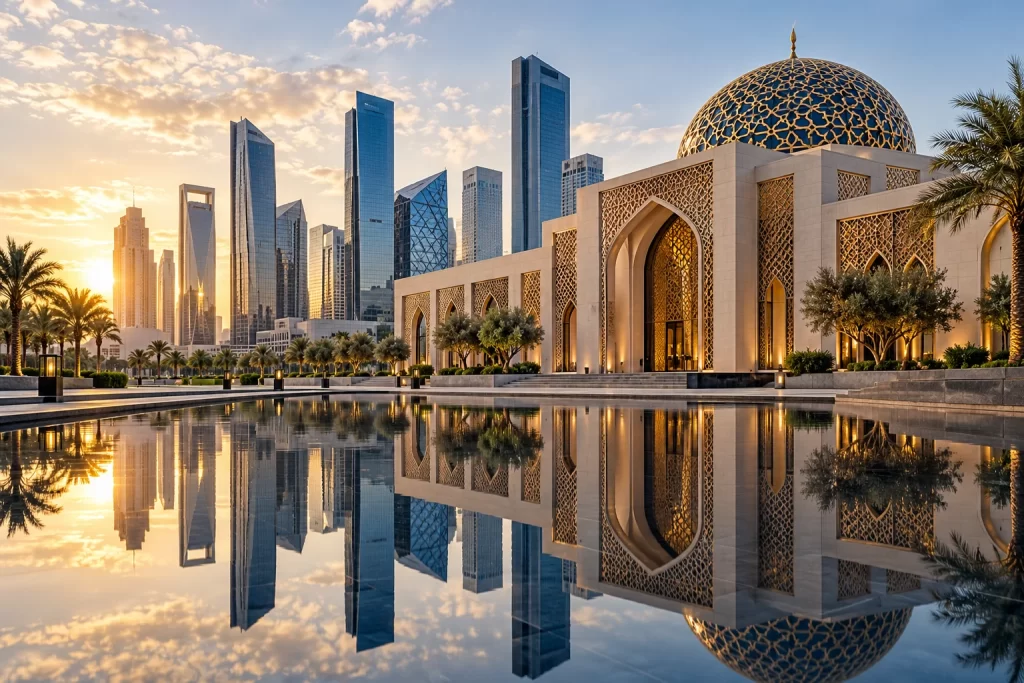 AI-generated editorial illustration: Elegant contemporary Islamic finance architecture reflected in still water beside a quiet financial district, precise geometric patterns, visual metaphor for liquidity and resilience, no religious scripture