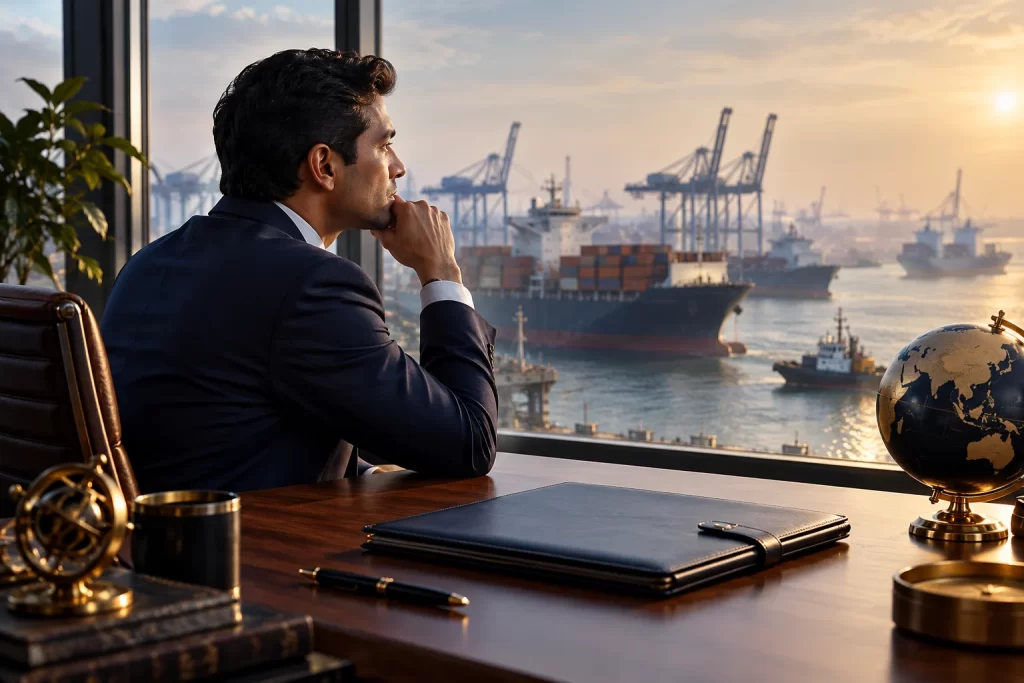 AI-generated editorial illustration: A thoughtful investor at a desk beside a window overlooking an Indian port, cargo vessels and cranes in distant mist, a closed portfolio folder and a small globe, energy and currency uncertainty visual metaphor, no charts