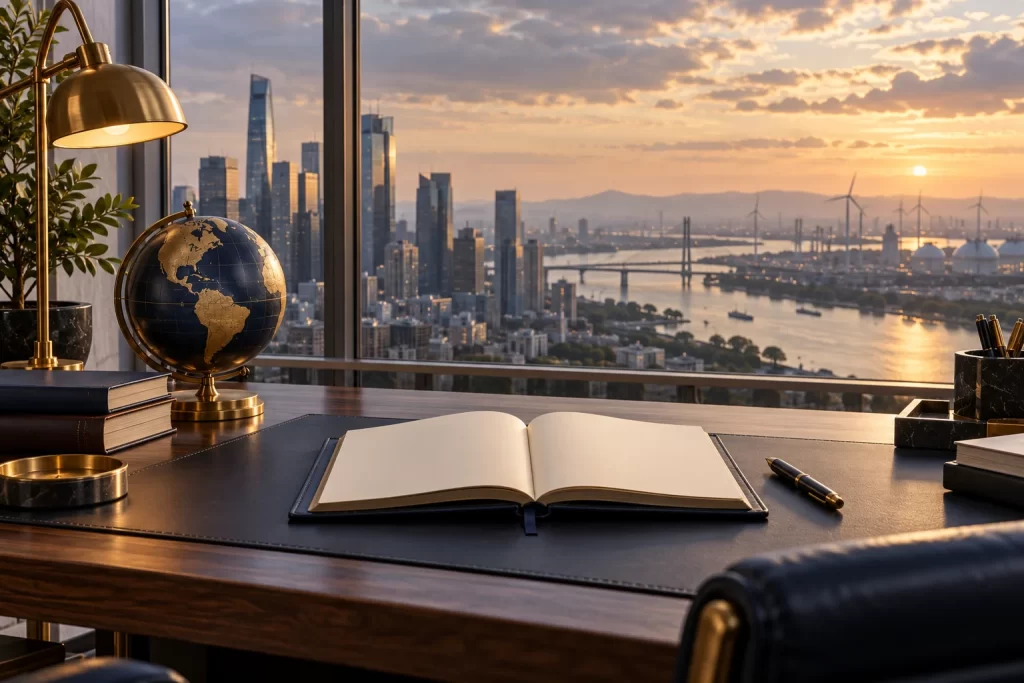 AI-generated editorial illustration: Business planning desk with open blank notebook, globe, warm desk lamp, city skyline and distant energy infrastructure through broad window, calm macroeconomic uncertainty