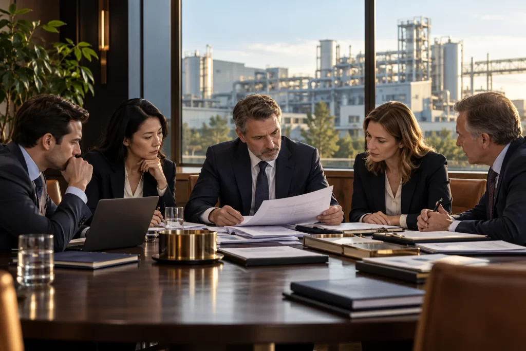 AI-generated editorial illustration: Private equity investment committee studying a financing dossier at a dark wood table, modern midmarket industrial plant seen through glass in distance, restrained serious due diligence mood