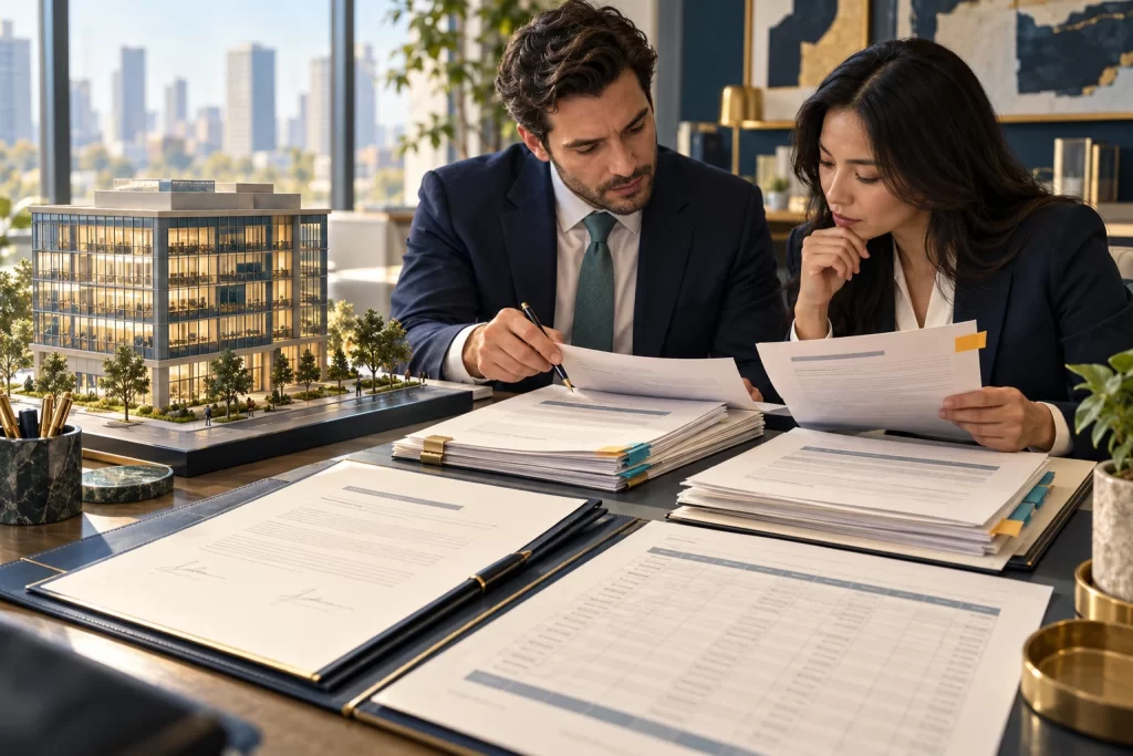 Illustrative real estate · leased commercial property scenario: colleagues reconcile evidence and coordinate a business decision