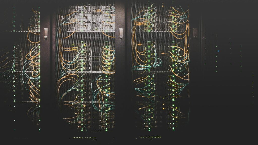 Rows of server racks and network equipment inside a data centre
