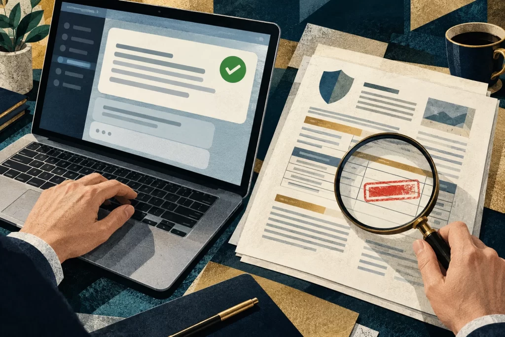 Editorial illustration of an analyst checking an AI answer against an expired supplier document