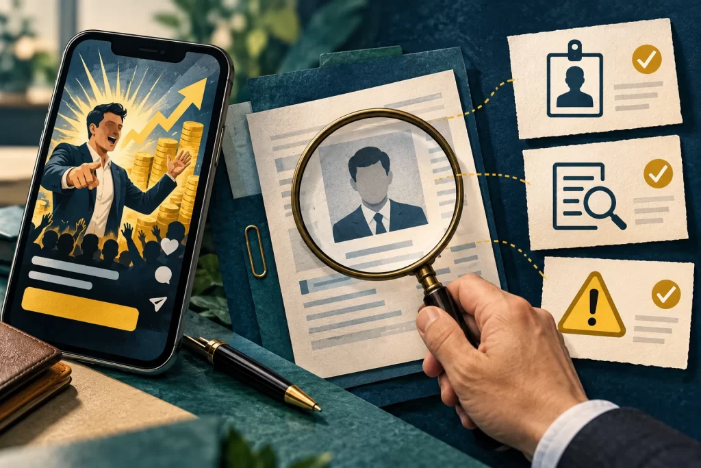 Editorial illustration of checking adviser identity, product documents and investment promises