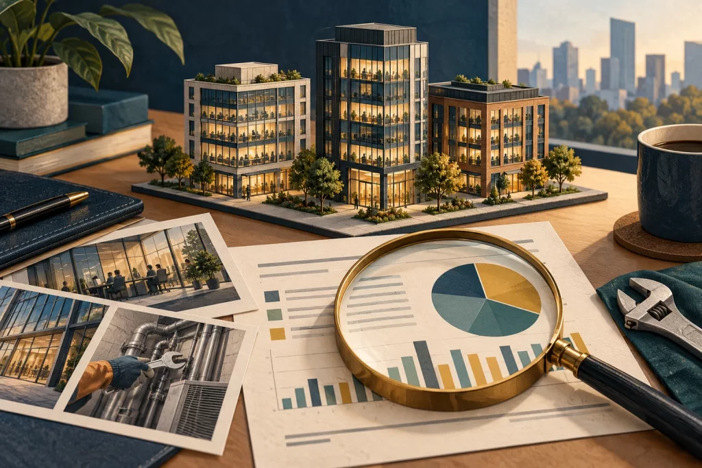 Editorial illustration of a commercial property portfolio and analysis of its income sources