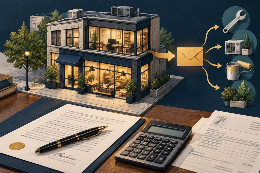 Editorial illustration of an occupied commercial property and owner-paid maintenance costs